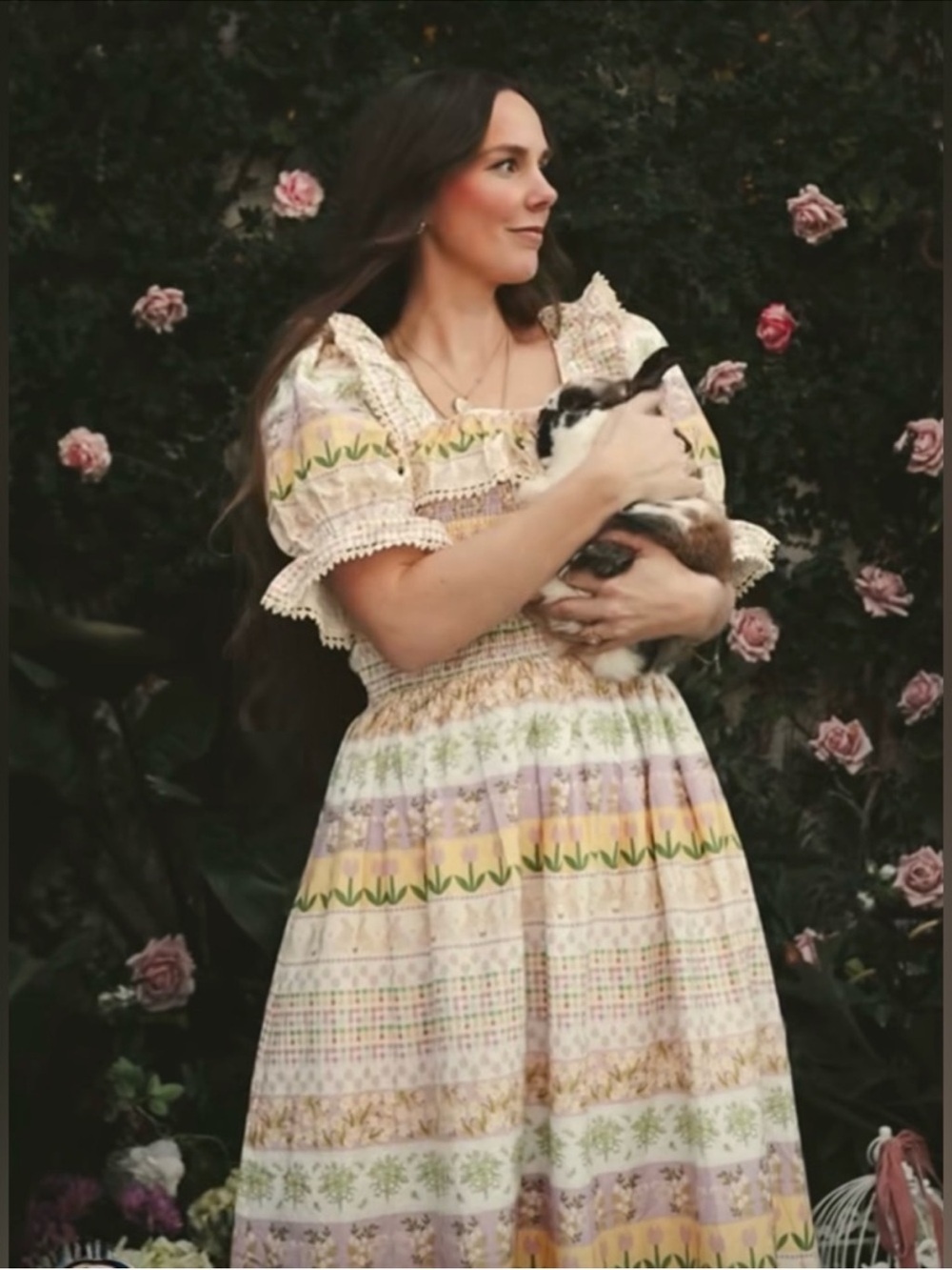Ivy City Co Pink and Green Midi Dress with Floral Stripes - Picture 2 of 2